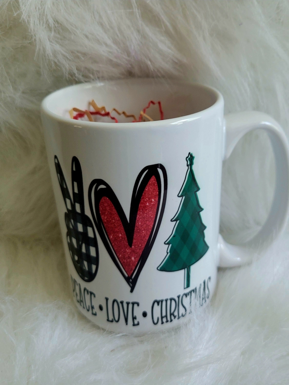 Peace Love Christmas White Holiday Ceramic Mug with Red and Green Accents